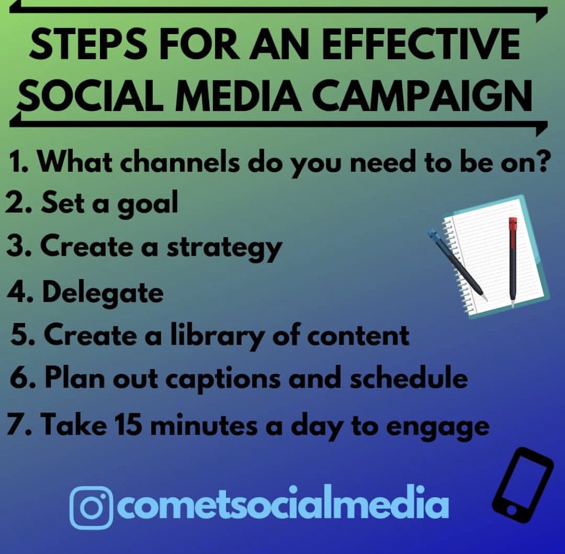 CometSocialLLC's tweet photo. #FridayThoughts Looking at planning a social media campaign? Here are 7 steps to mastering your next one! 📲📡🎉
#socialmediatips #socialmediamanager #OnlineMarketing #SocialMediaStrategy #DigitalMarketing #selling #engagement #Goal #Entrepreneurship https://t.co/nDoQ198tnt