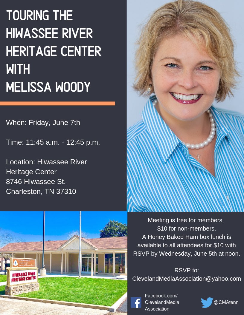 CMATenn's tweet photo. Join us for our June meeting as Melissa Woody shares some history about Bradley County as we tour the Hiwassee River Heritage Center in Charleston. https://t.co/BBLhtc6RVn