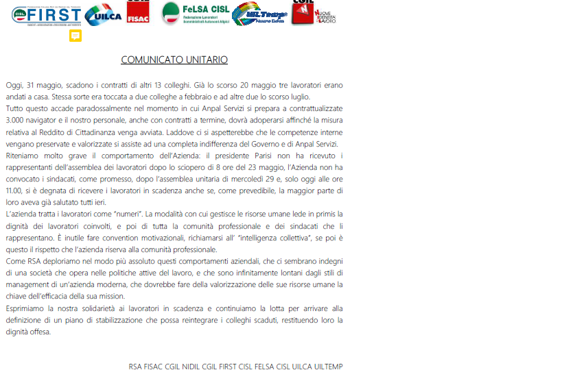 CgilRsa's tweet image. Oggi, 31 maggio, scadono i contratti di 13 colleghi #ANPALServizi #precari