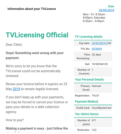 #PhishFriday Please be very careful of these very convincing emails that look like they come from  <a href="/tvlicensing/">TV Licensing</a>, but is actually a dangerous phishing email.