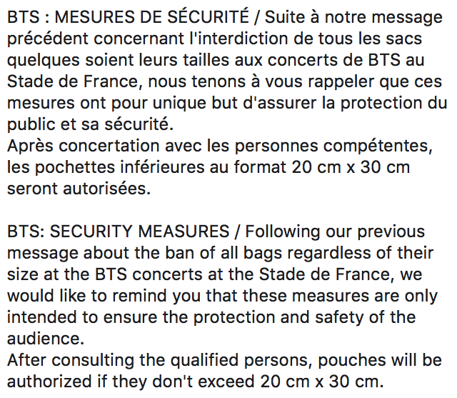 StadeFrance's tweet photo. ⚠️ CONCERTS DE BTS ⚠️

La production vient d'annoncer un nouveau règlement concernant les sacs.
Seules les pochettes inférieures au format 20cm x 30cm seront autorisées !

Tous les autres sacs sont interdits 🚫 https://t.co/TwaWzcBxKN