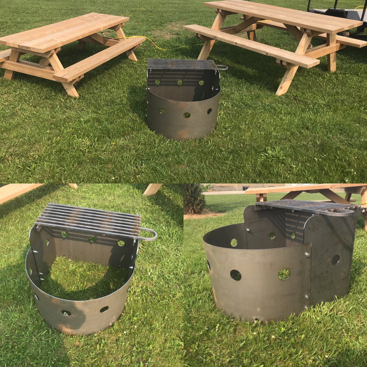 Look what just arrived. Want to feel like you are camping at a provincial park but be in your own backyard? Now you can. These fire pits are awesome. Easy to trim grass around, safe, contained and have the cooking grill that flips out of the way. Check them out today