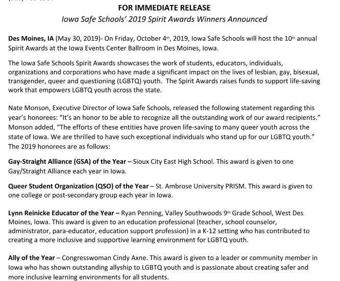 IAStartingLine's tweet photo. .@RepCindyAxne named "Ally of the Year" for @iowasafeschools' 2019 awards dinner https://t.co/KT9OI5NeNK