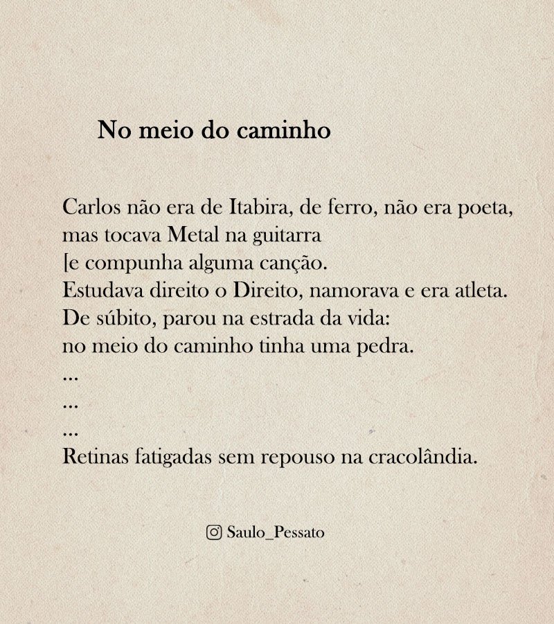 poesiareclamada's tweet photo. "No meio do caminho" dialoga com o famoso caminho de Drummond
#nomeiodocaminho #pedra #carlosdrummonddeandrade #drummond #poesia #intertextualidade #crack #droga #vício #sociedade #drogas https://t.co/sE5fnGQz57