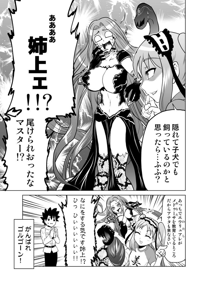 おいでませ妹系アヴェンジャー!なFGOまんが。マイルームボイスでめっちゃお姉ちゃんたちいやがってたので、隠れて種火を捧げていたらついに見つかっちゃいました。どんまい!
少し前にメドゥーサ(槍)も来てくれたのでステンノ様もニッコリ 