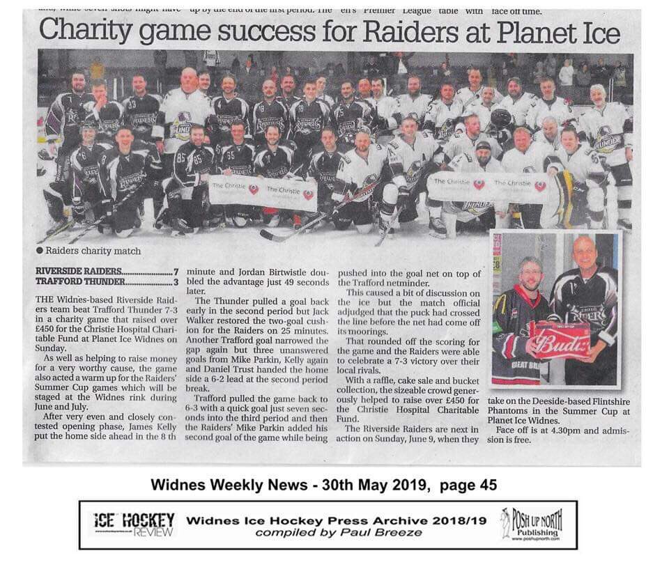 📰 Read All About It 📰 
Last weekends #CharityIceHockeyGame
<a href="/raiderswidnes/">Riverside Raiders IHC</a> VS <a href="/ThunderIHC/">TraffordThunderIHC</a> 
to support <a href="/TheChristie/">The Christie Charity</a> gaining some great coverage!!
#ThunderHockey