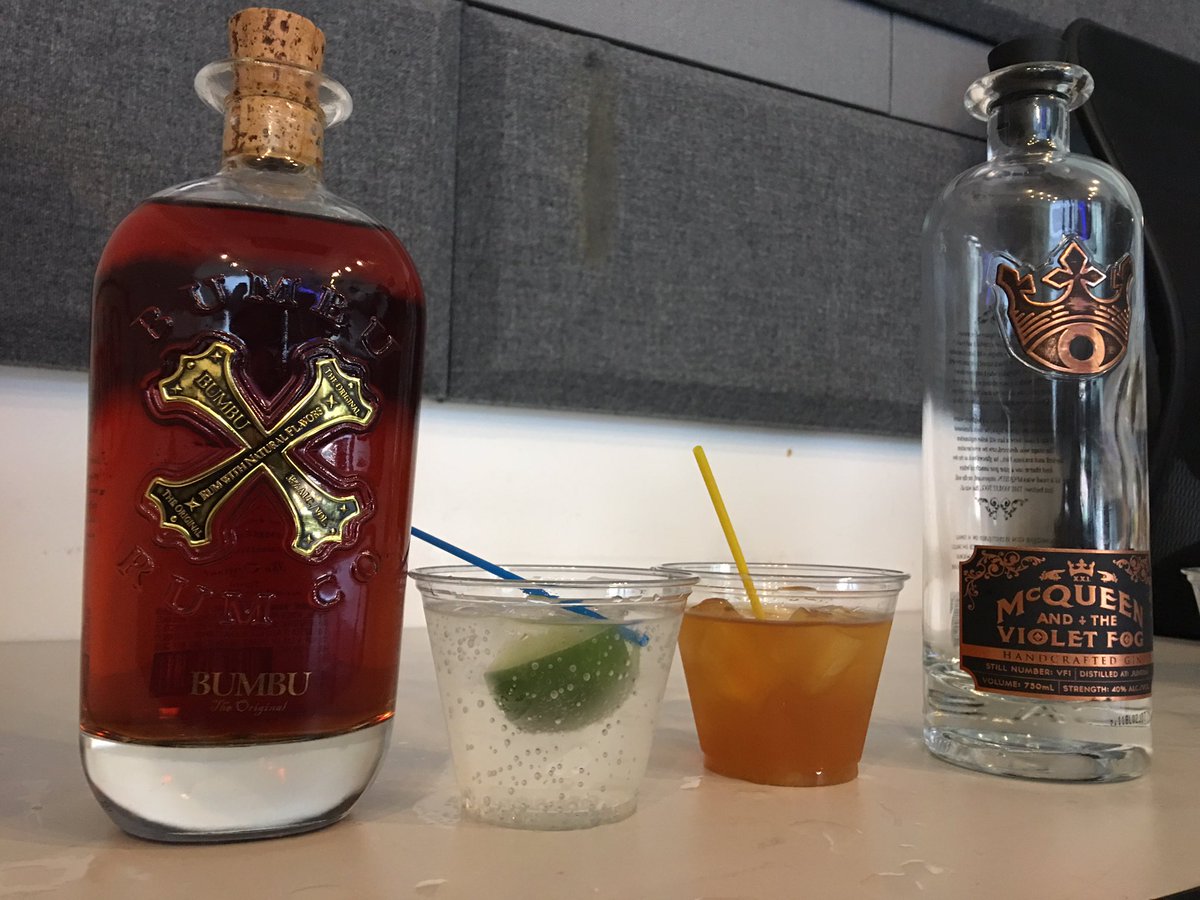 GaryandShannon's tweet image. Brian Bixler from #SovereignBrands is here with @OriginalBumbu rum and #McQueenAndTheVioletFog gin! #FunOClock #Friday #Cocktails