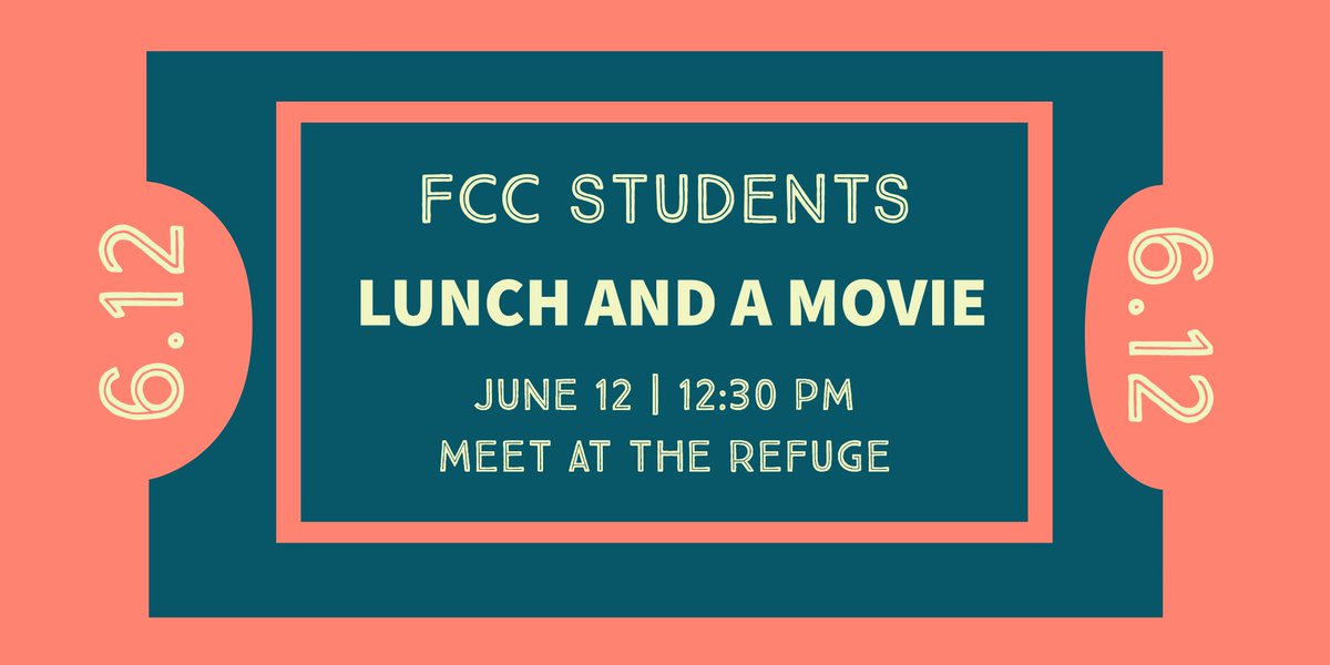 fccjc's tweet photo. Students! Join us for lunch and a movie. Lunch provided, but bring money for the movie. All students welcome! Bring a friend! June 12, 12:30 at The Refuge, AMC theater at 2 pm. For more info, contact Adam Proffitt at aproffitt@fcc-jc.org or Billy Conover at bconover@fcc-jc.org. https://t.co/ejX11i2gGc
