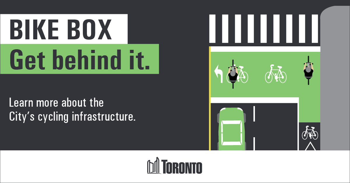 cityoftoronto's tweet photo. At a red light, bikes should stop inside the green bike box and cars should stop behind it. Bicycles go first when traffic resumes. Learn more: https://t.co/pwPOC45CJT 
#VisionZero #VisionZeroTO #BikeMonth https://t.co/QknaWAS6GX