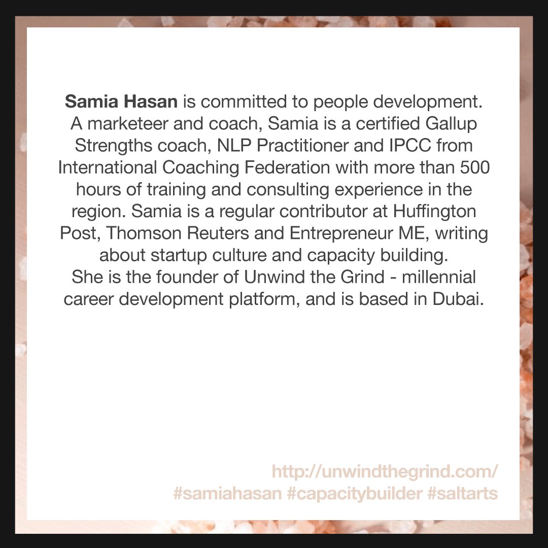 Salt Arts (@saltarts) on Twitter photo Meet <a href="/samiahasan/">samia hasan</a> co-founder <a href="/UnwindtheGrind/">Unwind the Grind</a> welcome to #saltbox19 #saltarts #interdisciplinary #gallupstrengthscoach #trainer #careerdevelopment #dubai #pakistan Meet <a href="/samiahasan/">samia hasan</a> co-founder <a href="/UnwindtheGrind/">Unwind the Grind</a> welcome to #saltbox19 #saltarts #interdisciplinary #gallupstrengthscoach #trainer #careerdevelopment #dubai #pakistan
