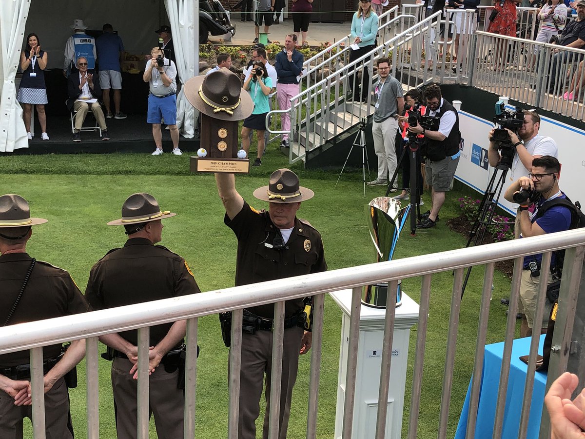 This trophy held by <a href="/iowastatepatrol/">Iowa State Patrol</a>  Major Randy Kunert will be awarded to the <a href="/PCCTourney/">Principal Charity Classic Tournament</a> Champion this Sunday. #PCC19 #DSMUSA