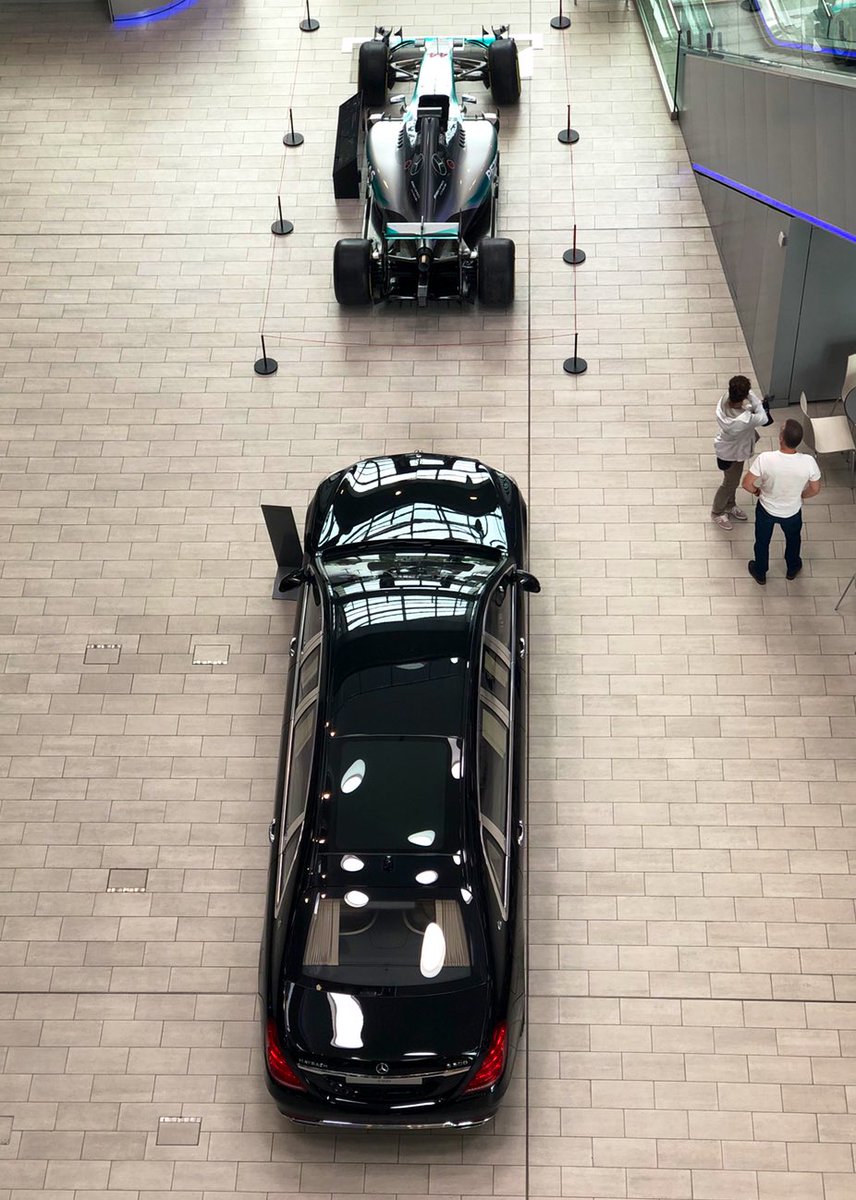 One has one seat, the other has 6. The 2015 <a href="/MercedesAMGF1/">Mercedes-AMG PETRONAS F1 Team</a> Silver arrow and the huge <a href="/MercedesBenz/">Mercedes-Benz</a> Maybach Pullman on display at @MBWorldUK