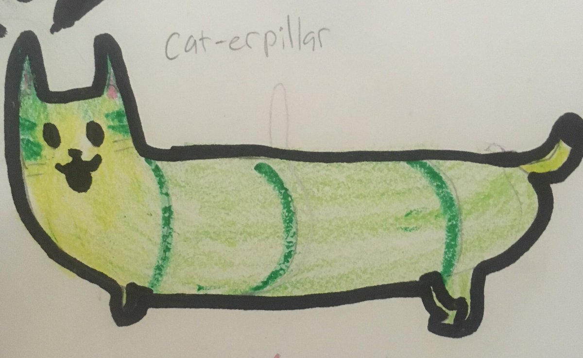 farley_speaking's tweet photo. I chuckled as I took this student artwork off the wall today. #Caterpillar #crossbreeds #artclub #puns #teachinggifted https://t.co/o8bMoqOJBZ