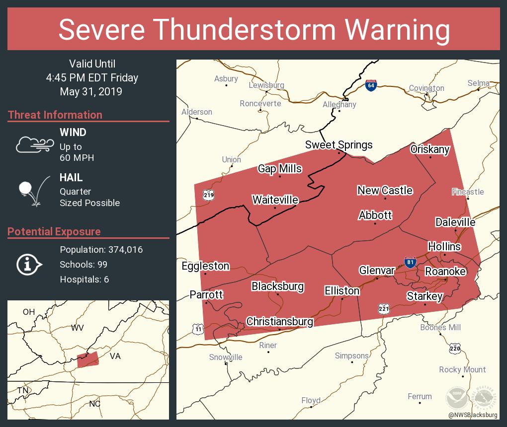 cweathernet's tweet photo. Severe Thunderstorm Warning including Roanoke VA, Blacksburg VA, Cave Spring VA until 4:45 PM EDT https://t.co/WT2twFtLRO