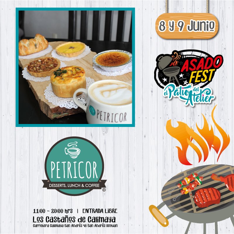 PatiodelAtelier's tweet photo. En #CafeteriaPetricor te van a consentir en el #AsadoFest, donde tendrán los tan esperados #quiche, #panqués y #tartas para que los acompañes con #café de #Veracruz, un #capuchino o un #latte de sabor
8y9 de Junio | 11-20 hrs| Los Castaños #Calimaya #Atelierizate #consumelocal https://t.co/g8UTUuF6Au