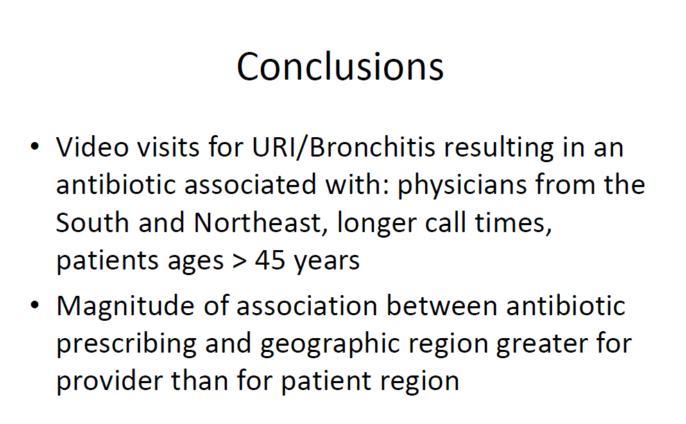 SIDPharm's tweet photo. Antibiotic Rx's for URI or bronchitis were higher in South and Northeast and were more strongly associated with provider geographic region than with patient region. #PIDSASP19 https://t.co/7HHMXOx7rO