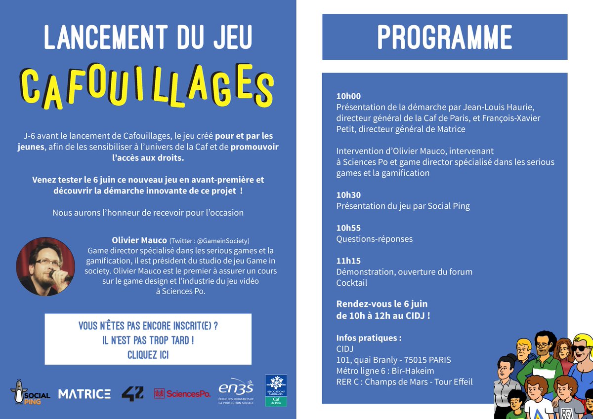 Matrice_io's tweet photo. Le 6 juin, lancement officiel du jeu Cafouillages, avec la #CAF Paris, @EN3S_officiel, @42born2code et @GameinSociety ! Avec ce jeu, les #entrepreneurs de @SocialPing_ sensibilisent les jeunes à l'accès aux droits. RDV @Le_CIDJ.
Pour en savoir plus ➡️ https://t.co/81tkl7HsAi https://t.co/nrpRBHViox