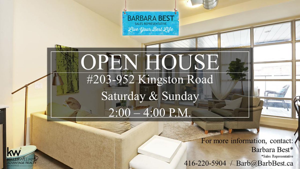 BarbBestKWRE's tweet photo. Open House Alert! This weekend both Saturday and Sunday at 203-952 Kingston Road. 2 bed/2 bath and 970 square feet of space in this boutique building! PM us for more info or stop by to check it out!

#forsale #openhouse #condo #thebeach #toronto #hardloft #authentic #bigspace https://t.co/dx17FuFE4e