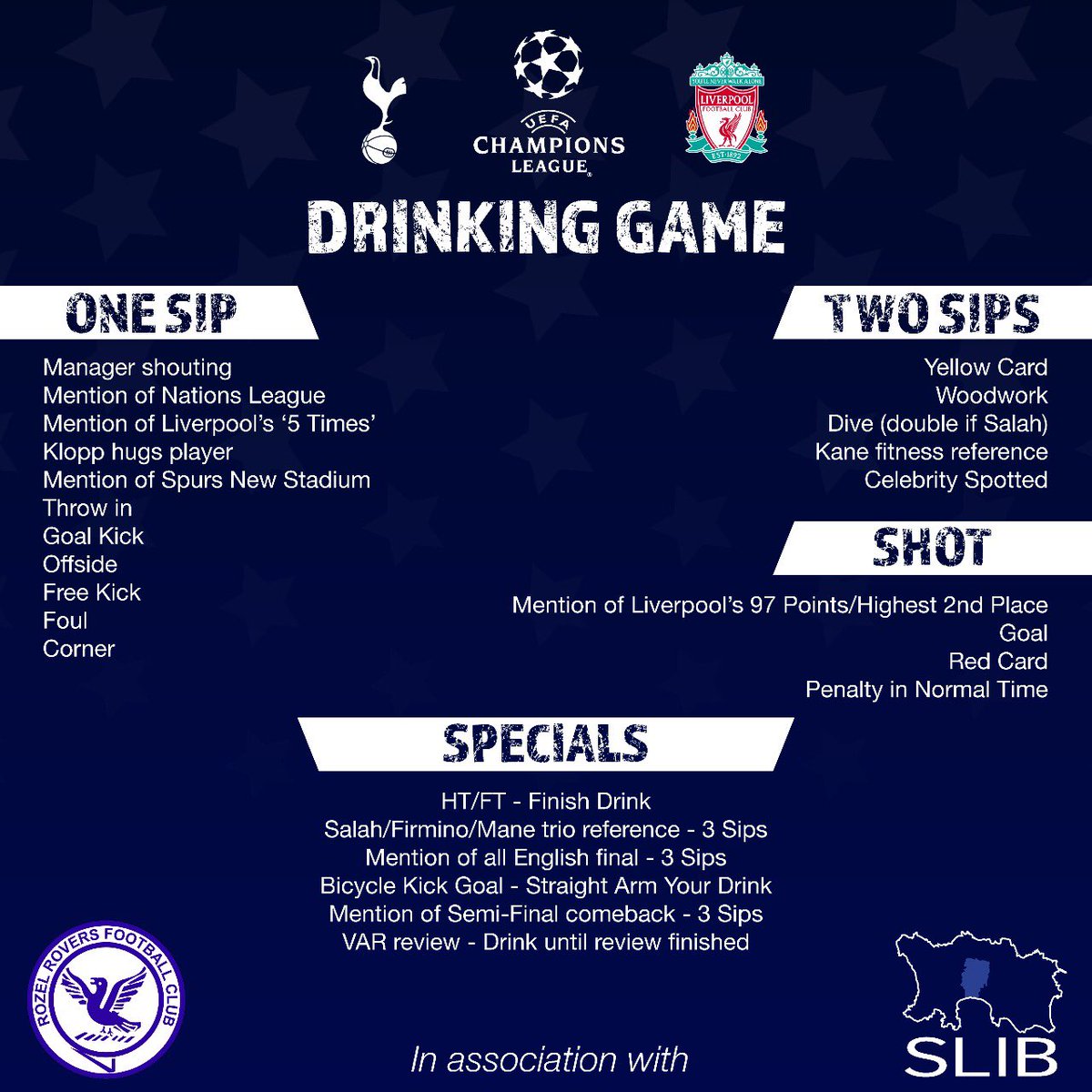 RozelRovers's tweet photo. Are you an @Arsenal or @ManUtd fan? Does the sheer prospect of your rivals winning the @ChampionsLeague make you want to throw up? Well we’re here to help ease that pain. Join us on Saturday for some fun with the Rozel Rovers™️ drinking game. 

#PleaseDrinkResponsibly #MtR 🔵⚪️ https://t.co/wDaPDeL8me