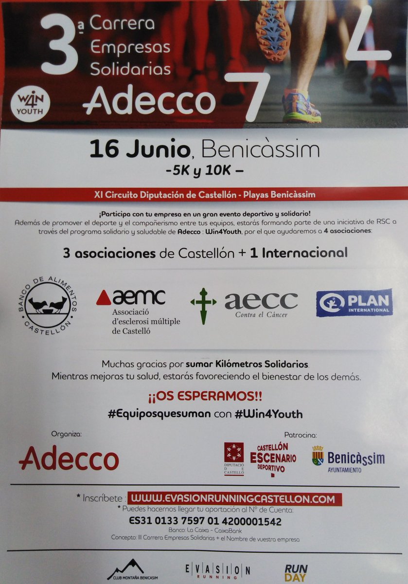 ¿Tienes, algún plan para el 16 de Junio? ¡Pues aqui tienes un planazo deportivo y solidario! ¡Ven, participa, corre, colabora, disfruta! ¿Te unes a nosotros? #Equiposquesuman #win4youth #adeccocastellon #adeccovillarreal <a href="/adecco_es/">Adecco</a> <a href="/dipcas/">Diputació de Castelló</a> <a href="/tmobenicassim/">Turismo Benicàssim</a> <a href="/TodoBenicassim/">Todo Benicàssim</a>