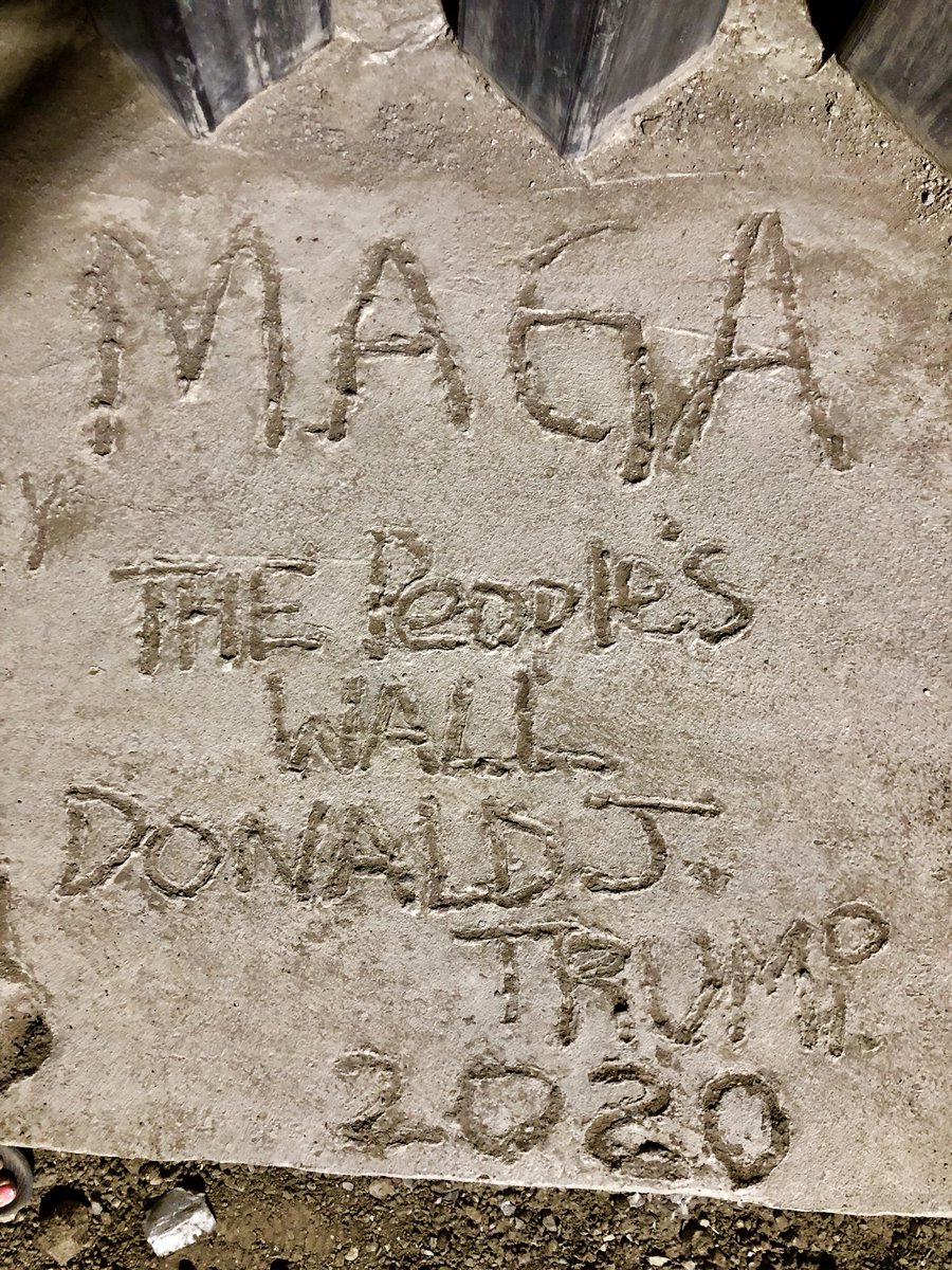 JenLawrence21's tweet photo. We the people stand with our President @realDonaldTrump! Thank you for standing with us and doing all you can to protect America. We stand with you! This is in the concrete of the new big beautiful wall in Sunland Park NM. #buildthewall @BrianKolfage @KrisKobach1787 #maga https://t.co/qiit1NRM4Y