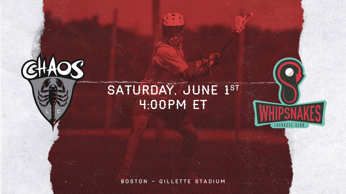 🥍  <a href="/PLLWhipsnakes/">Maryland Whipsnakes</a> vs. Chaos
📍<a href="/GilletteStadium/">Gillette Stadium</a> 
📅Saturday, June 1
🕓4:00 p.m. ET
📱<a href="/NBCSportsGold/">NBC Sports Gold</a> 
bit.ly/2JPbwhe