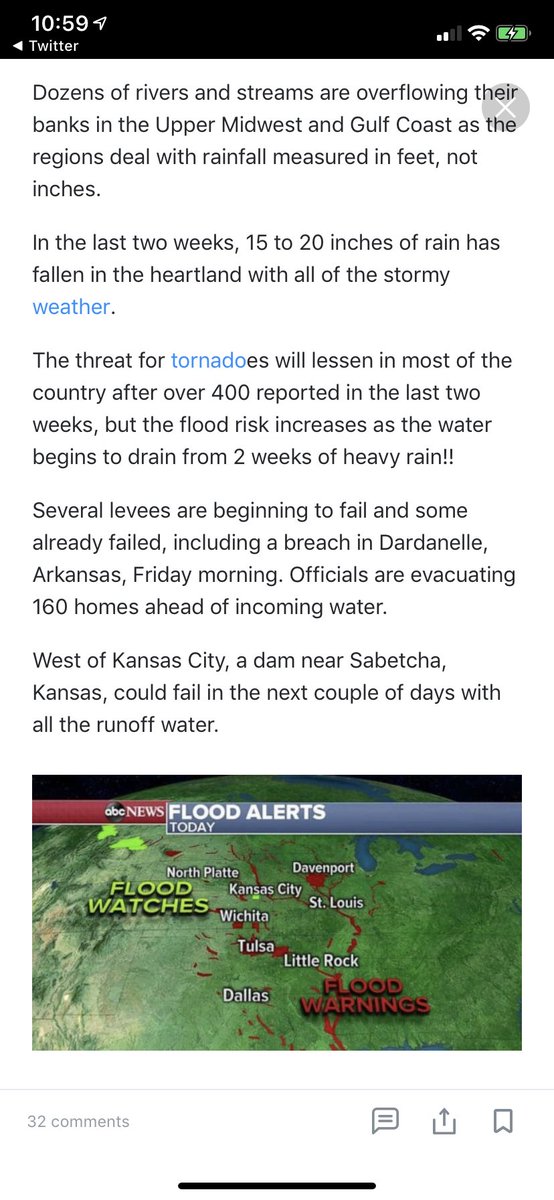 shepardout's tweet photo. Several levees are beginning to fail; some already failed, including a breach in Dardanelle, Arkansas, Friday morning. Officials are evacuating 160 homes ahead of incoming water. #HAARP ##WeatherWeaponized #FEMA #CIA #NSA #NASA #MKULTRA @realDonaldTrump https://t.co/k4aTAbXSbX