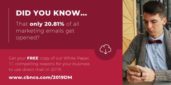 cbncomsol's tweet image. Did you know…that only 20.81% of all marketing emails get opened? Get your free copy of  our White Paper, 11 compelling reasons for your business to use direct mail in 2019. 
cbncs.com/2019DM
#directmail #marketing #directmailmarketing