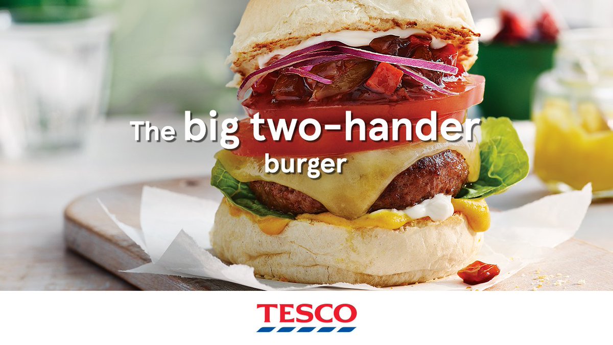 Tesco's tweet image. The sun is shining. It’s the big match tonight. It would be wrong NOT to have a BBQ.
Rally your friends and family and fire up the grill for these great big cheese and pickle burgers - perfect timing with 3 for £10 on selected meats in-store and online. tes.co/Burger
