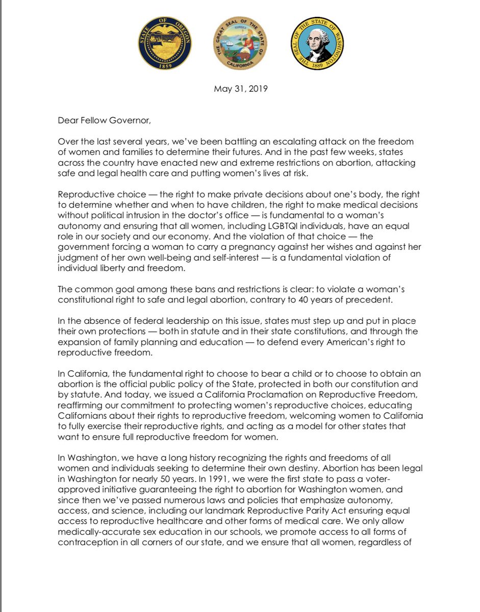 tam_tweeets's tweet image. Governors @GavinNewsom, @OregonGovBrown, and @GovInslee urge states to enact laws to protect reproductive freedom.
