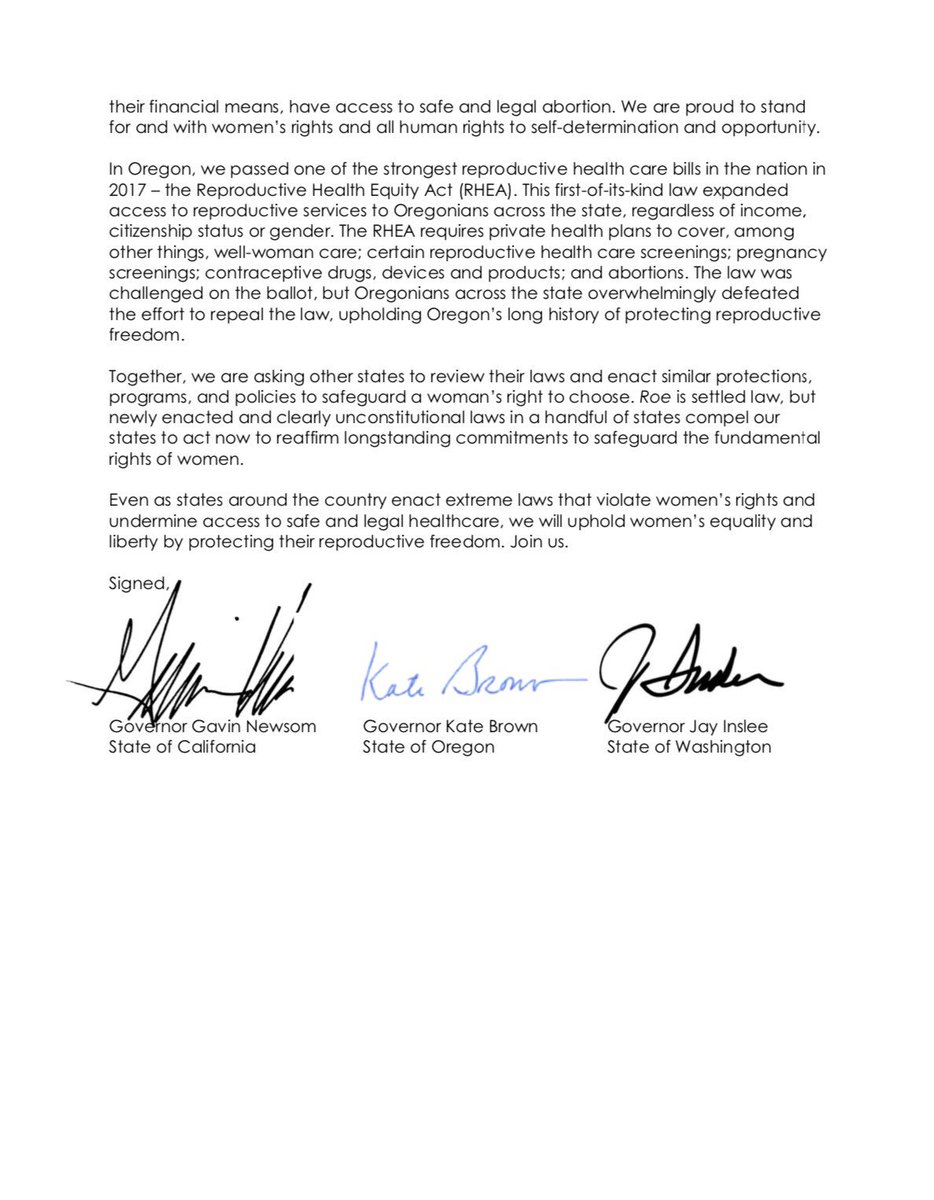 tam_tweeets's tweet image. Governors @GavinNewsom, @OregonGovBrown, and @GovInslee urge states to enact laws to protect reproductive freedom.