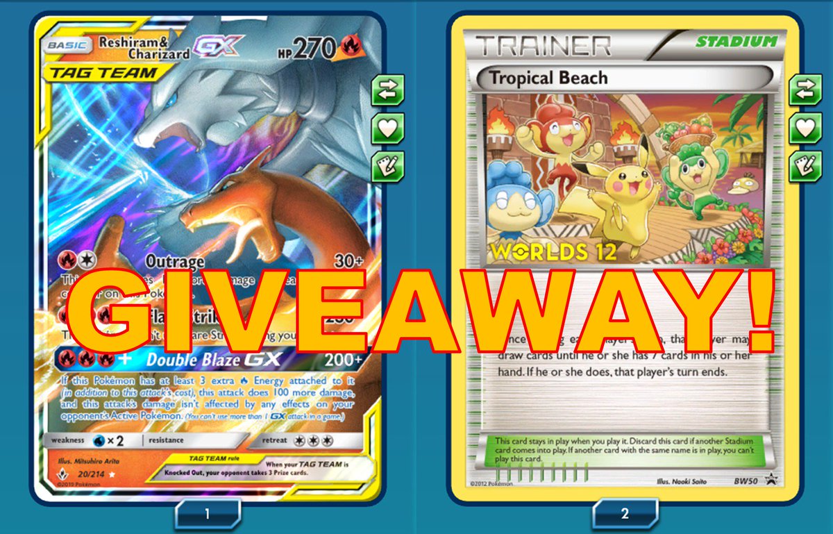 GIVEAWAY as thanks for your support and to help me reach 500 followers!
If I reach 500 followers by June 7 I'll give away 1 ReshiZard GX on PTCGO!
To enter:
-Follow me on Twitter
-Like and Retweet this Tweet
If I reach 550 followers I'll also give away 1 TROPICAL BEACH on PTCGO!