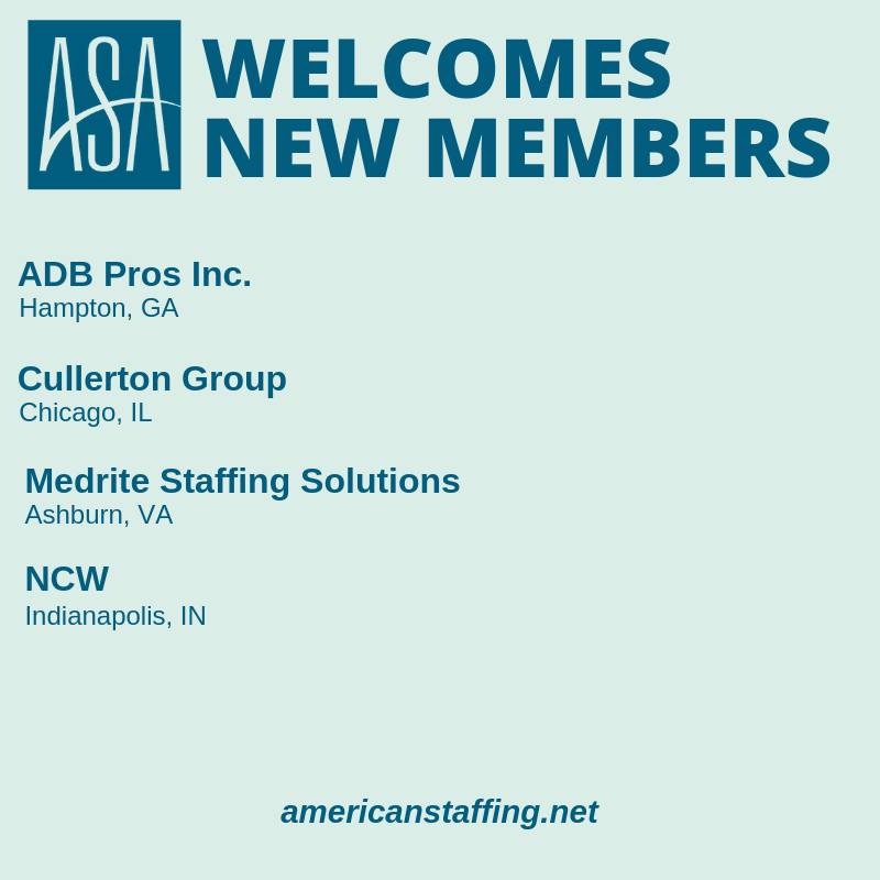 StaffingTweets's tweet photo. Welcome! Please let us know if you have questions about how to best take advantage of your new ASA membership. @adbpros @cullertongroup @MedriteStaffing @TeamNCW https://t.co/idLH97hpVh #MyASA #Staffing https://t.co/2vLvRQbqgX