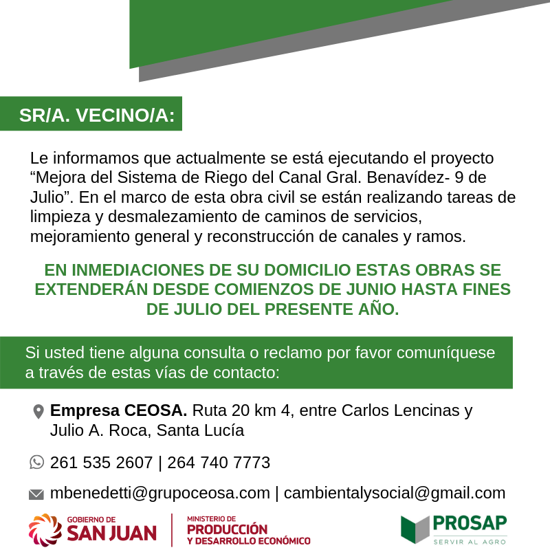 PROSAPSanJuan's tweet photo. ‼️ATENCIÓN VECINOS DE SANTA LUCÍA‼️ De la zona ubicada sobre calle Balcarce entre Roque Sáenz Peña y Pellegrini, le informamos que durante los meses de junio y julio se estarán realizando obras civiles.
📌Si usted tiene alguna consulta o reclamo por favor comuniquese con nosotros https://t.co/dRuiklNz1m