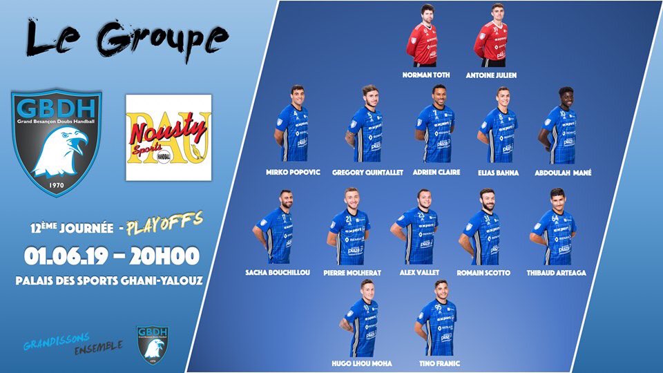 gbdh_handball's tweet photo. #PLAYOFFS : 👉🏻 Découvrez le dernier groupe 👇🏻 sélectionné par le coach Dragan ZOVKO pour le match face à @PauNoustySports 💪🏻 ! TOUS EN BLEU 🔵 !
↪️ Réservez vos places 🎫 sur : https://t.co/CLTCa8QqhN !
#AllezGBDH #Grandissonsensemble #ObjectifProligue https://t.co/HkT3uICBqs