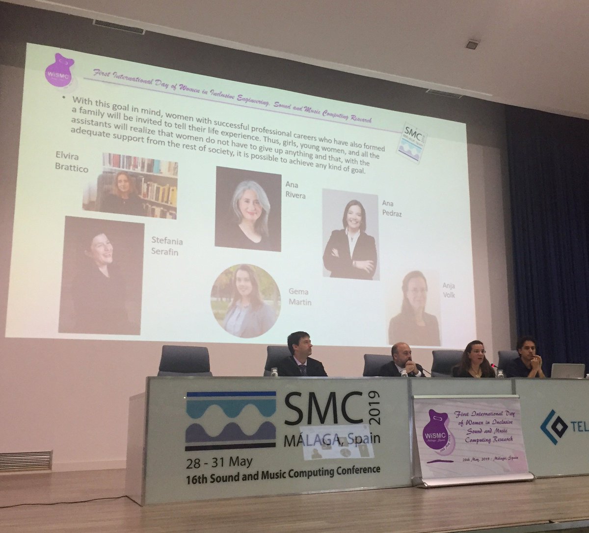 <a href="/IsabelBarbancho/">Isabel Barbancho</a> opens the 1st International Day of WiSMC, introducing the speakers: Elvira Brattico, Stefania Serafin, Anja Volk, Ana Rivera, Gema Martin &amp; Ana Padres. 300 high school students listened and discussed lively inclusive science for both girls and boys. #MIR #WiMIR