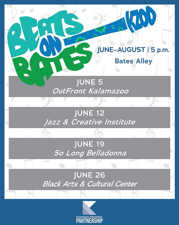 DwntwnKalamazoo's tweet photo. The summer is upon us! Spend your Wednesday nights at Bates Alley this summer with food, drinks, and a different music artist each week! Beats on Bates starts Wednesday June 5! #beatsonbates https://t.co/6gC7A17cxD