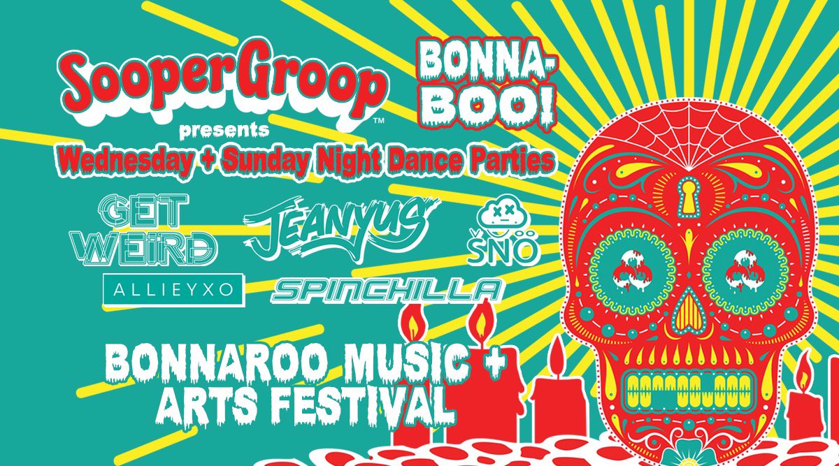 WeAreGETWEIRD's tweet photo. #Bonnaroo is getting scary close! Start it off right at #SooperGroop's #BonnaBOO Wednesday Night Dance Party. It’s sure to be frighteningly awesome. Find us in Groop Camping (open to all) near Plaza 7. More details: https://t.co/qVKrjjfsY6 See in 12 days!! #Bonnaroo2019 #GETWEIRD https://t.co/oQ7B6ERWR8