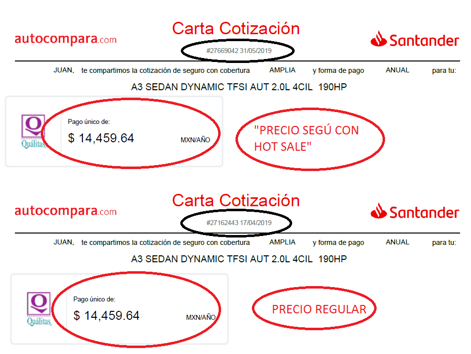 JLuSosa's tweet photo. @SantanderMx totalmente falso sus descuentos de HOT SALE en SEGUROS DE AUTO, 2 cotizaciones con el mismo monto en fechas diferentes, una supuestamente con descuento del Hot Sale @Profeco https://t.co/48vHdHtDtR
