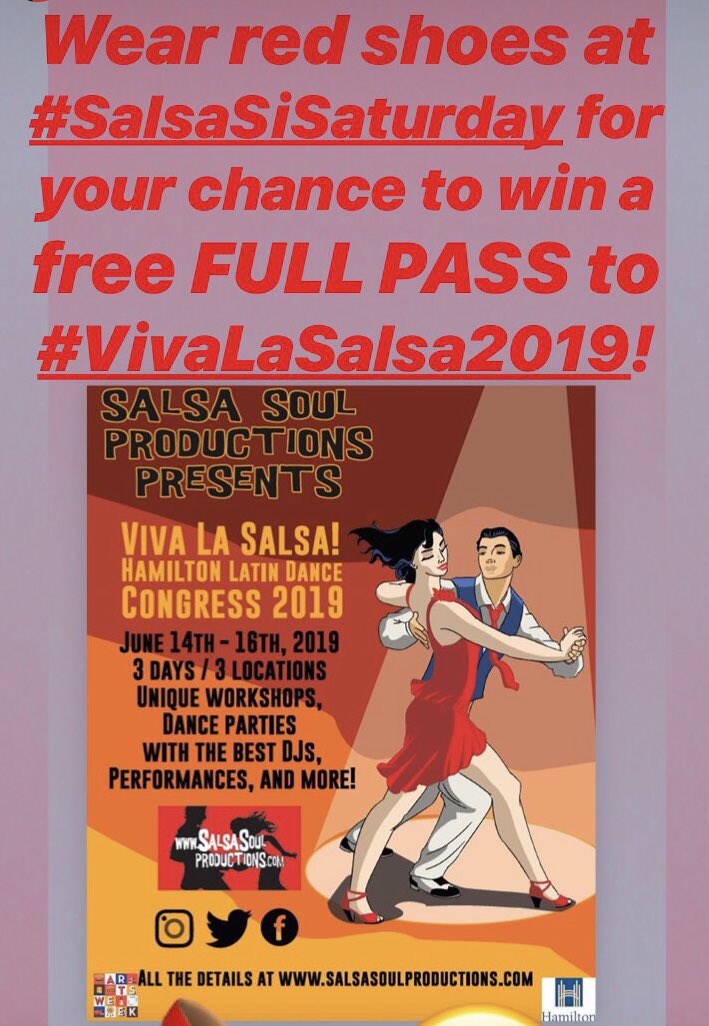 SalsaSoulProd's tweet photo. 👠Wear red shoes to #SalsaSiSaturday TOMORROW JUNE 1! We'll "Dance in Her Shoes" for @YWCA_Hamilton 👠Those wearing red shoes will be entered for a chance to win a full pass for #HamiltonLatinDanceCongress2019 on June 14-16 💃🕺See you Saturday! 👠 #WAMHamilton https://t.co/QbvuBbH3tR