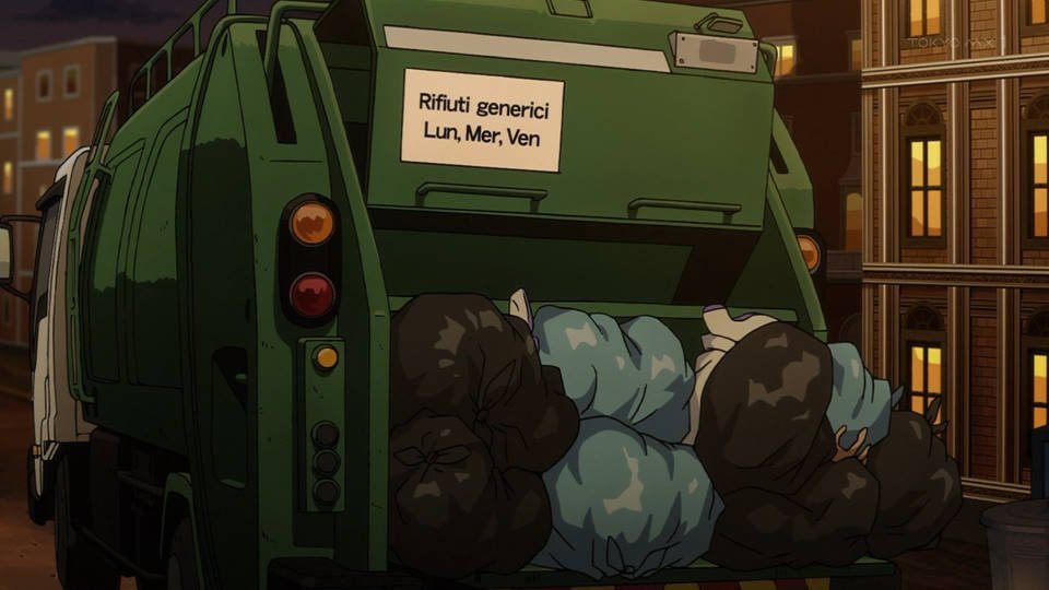 ブラすけ على تويتر セッコとチョコラータ 最後は仲良くゴミ収集車で死亡という結末がなんとも悲しいなぁ 燃えるゴミは月 水 金 Jojo Anime