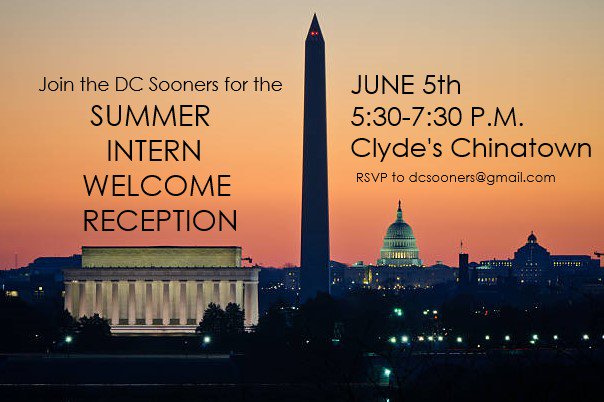 OU_Alumni's tweet photo. Hey, DC #Sooners! Help the @DCSooners give a warm welcome to this year’s group of summer interns on June 5th.
📩 Please email dcsooners@gmail.com to RSVP. https://t.co/vL35o5V5ce