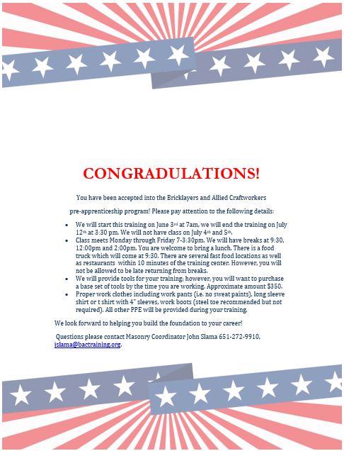 BacCenter's tweet image. We are getting ready for PRE JOB 2019 on Monday June 3rd! We are excited to welcome our new comers who want to be a part of the Bricklayers and Allied Craftworkers Local Union #1 and we wish them all the best of luck in their future goals and accomplishments to come!