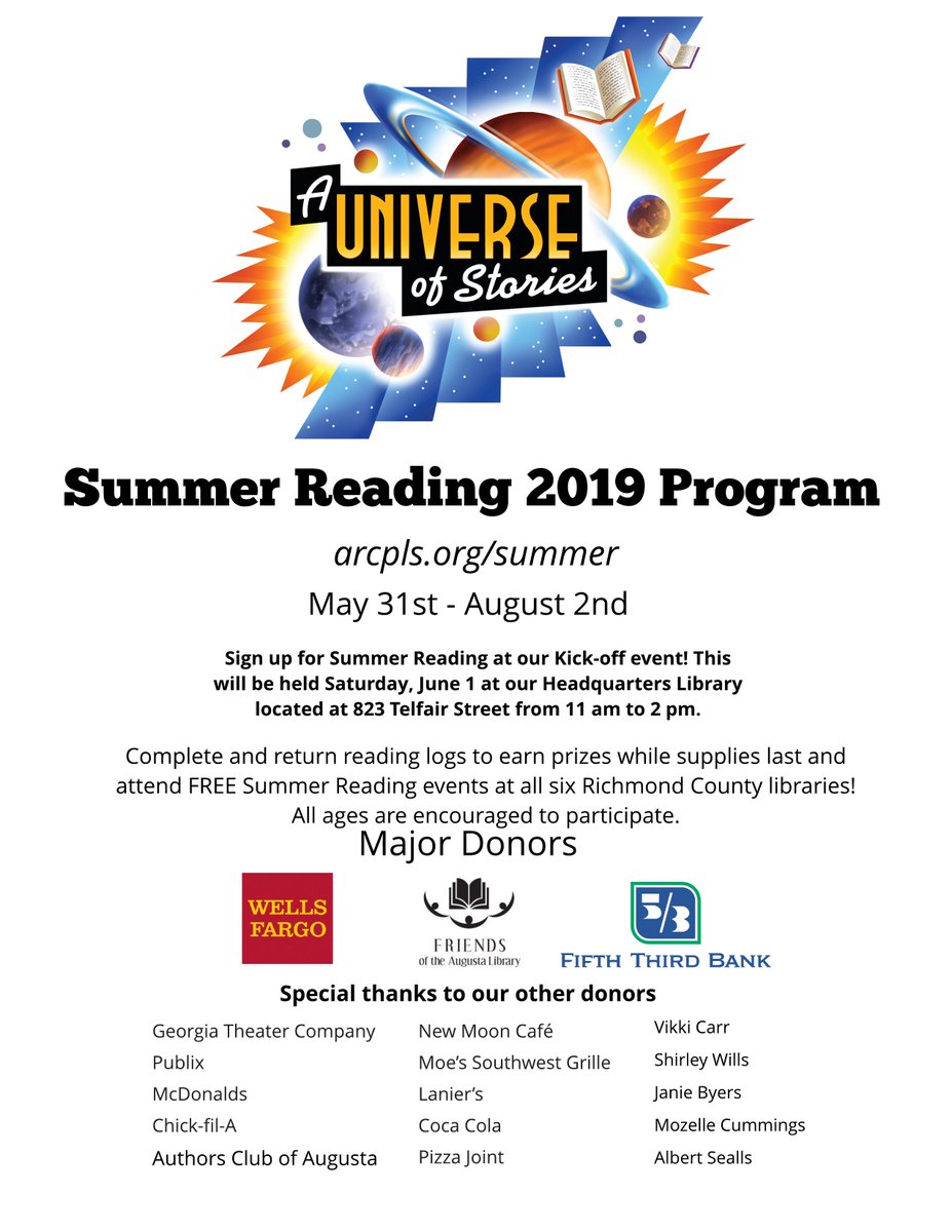 YAatAL's tweet photo. Summer Reading starts today @AugustaGALib! Stop by Headquarters branch Saturday June 1st from 11-2 for our Kickoff event. We will have food from @LaniersMeats, the Video Game Truck, a performance by Marc Griffiths, and much more! #auniverseofstories #sumerreading https://t.co/Z1fBDmivVY