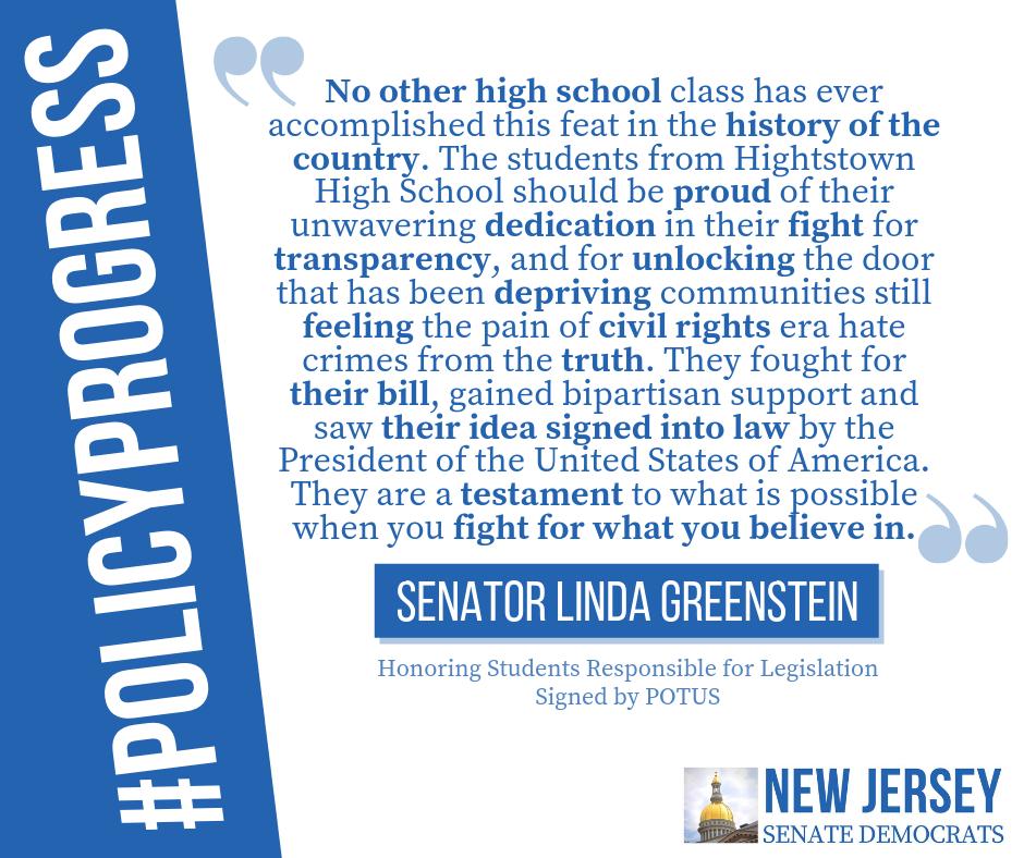 <a href="/SenGreenstein/">Senator Linda Greenstein</a> presented a resolution to students of Hightstown High School yesterday, recognizing their outstanding achievement in drafting and lobbying for legislation that was signed into federal law.