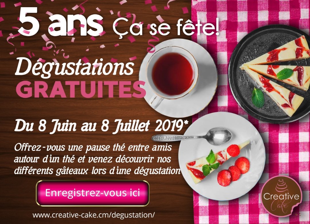 MarchesdElodie's tweet photo. Bon plan à Douala chez @CreativeCakeHQ .
A l'occasion de ses 5 ans, Creative Cake Design vous offre la possibilité de déguster gratuitement ses différents gâteaux.
Il vous suffit juste de vs enregistrer ici: https://t.co/MFYSRK7PLi
#Snuggig
#LesMarchesdElodie
#Lifestyle237 https://t.co/YcP7hgWT1F