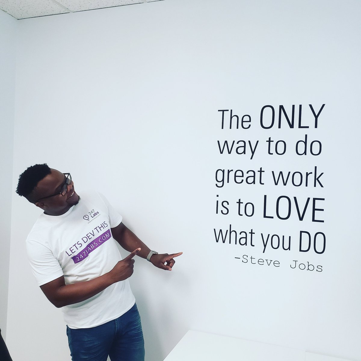 247LabsInc's tweet photo. Our #fullstackdeveloper @LovemoreJokonya is showing our new t-shirt and our motto.
#247Labs #love #lovemore #LetsDevIt #webdev https://t.co/RfSBGY8HQY