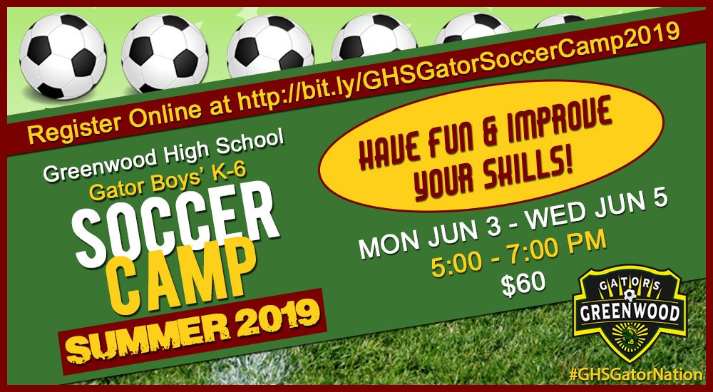 GHSSoccer's tweet photo. 🐊⚽🐊⚽Have fun and improve your skills!  🐊⚽🐊⚽
Sign up today for the Greenwood Gator Boys K-6 Soccer Camp at this link https://t.co/PouJKAx5jk. 
You can also sign up at the field the day of.  
#GHSGatorNation https://t.co/mJKqoq9zqZ