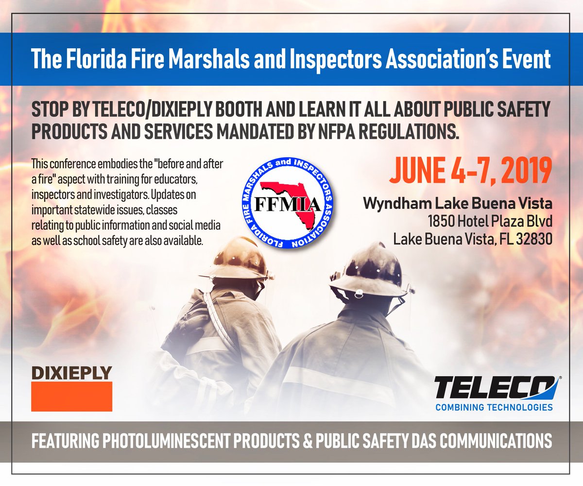 TELECOinc's tweet photo. @TELECOinc will be joining DIXIEPLY at the Florida Fire Marshals and Inspectors Association conference, 6/4-7 at the Wyndham Lake Buena Vista Hotel. Stop by our booth to learn about Public Safety products & services mandated by the NFPA regulations. #das
https://t.co/PIC8gu4TK1 https://t.co/4uhR7nFC3T