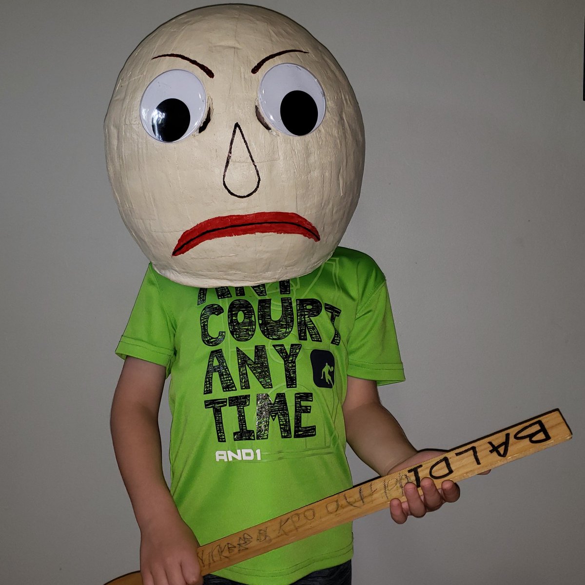 My youngest son said that he wanted me to make him a Baldi mask before I went back to work. Well here ya go little buddy! #AlwaysHalloween at our house! #CraftyDad #Baldi #Scary #Teacher #PaperMache #Art #Paint #Costume #Cosplay #Fun